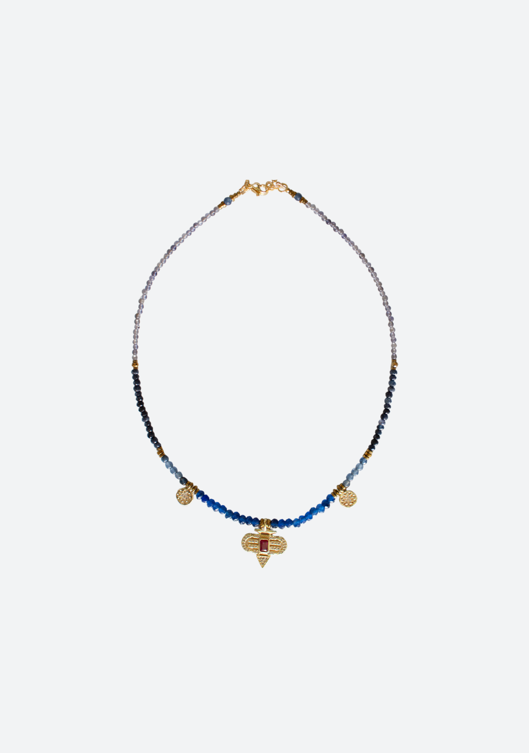 Blue Rondelle Necklace with Red Aztec Pendant