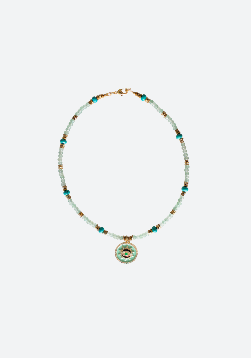 Green Rondelle Necklace with Pave Eye Pendant