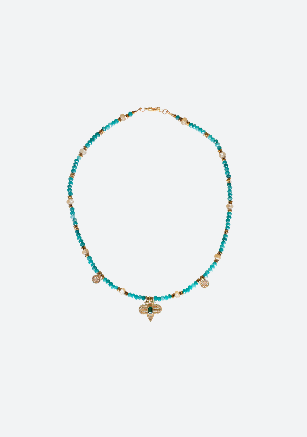 Turquoise Rondelle Necklace with Green Aztec Pendant