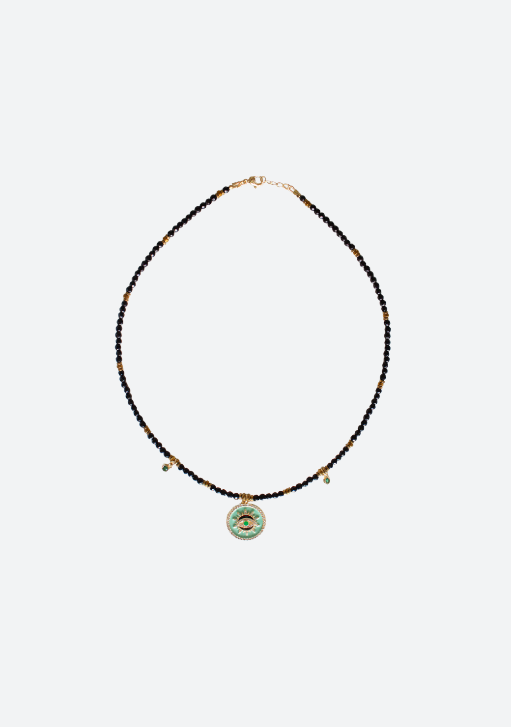 Green Tear Drop Rondelle Necklace with Pave Eye Pendant