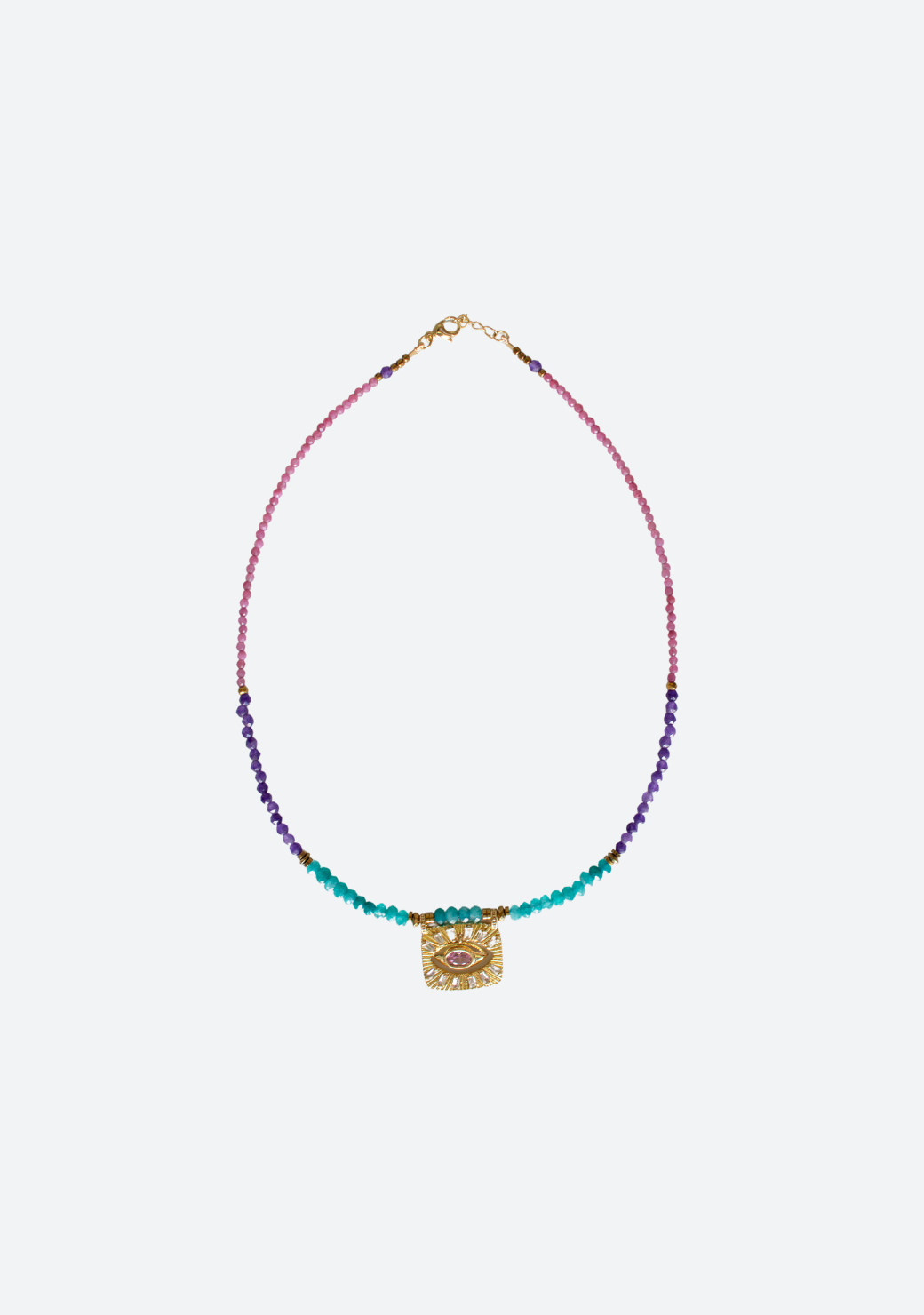 Pink, Purple, Blue Rondelle Necklace with Eye Pendant