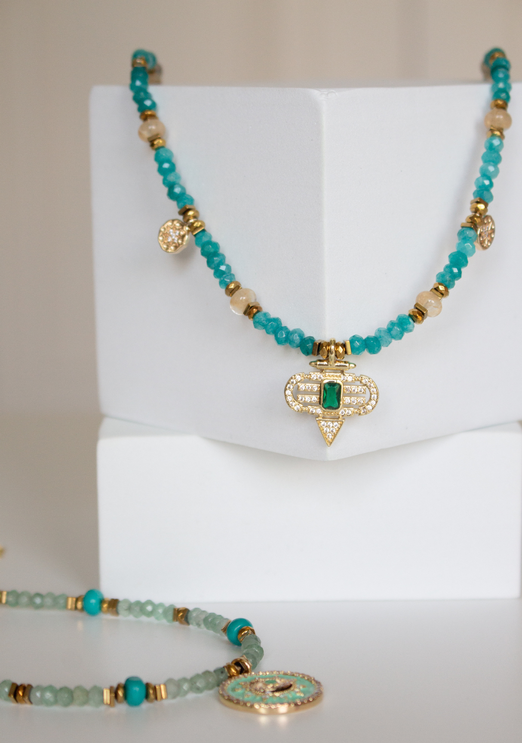 Turquoise Rondelle Necklace with Green Aztec Pendant