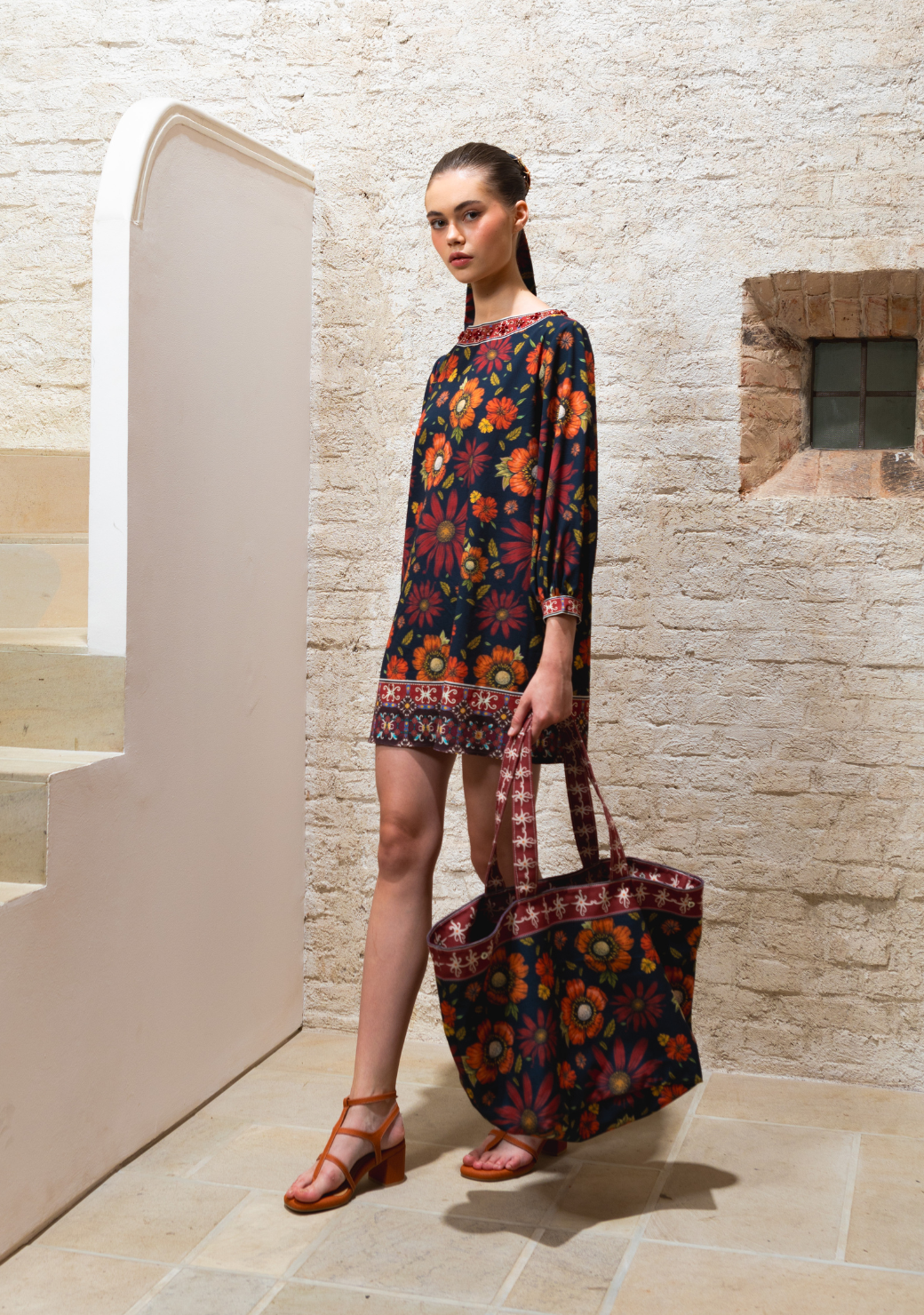 RONA Wide-Neck Mini Dress with Puffed Sleeve in Black Ecru