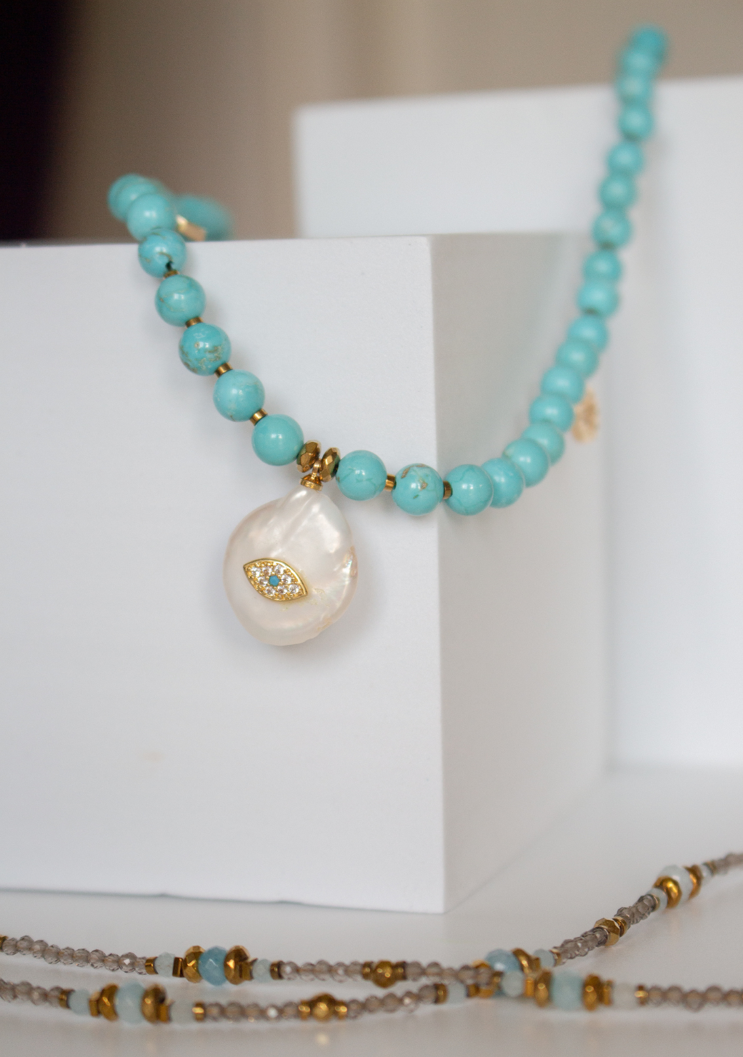 Turquoise Sphere Necklace with Fresh Water Pearl