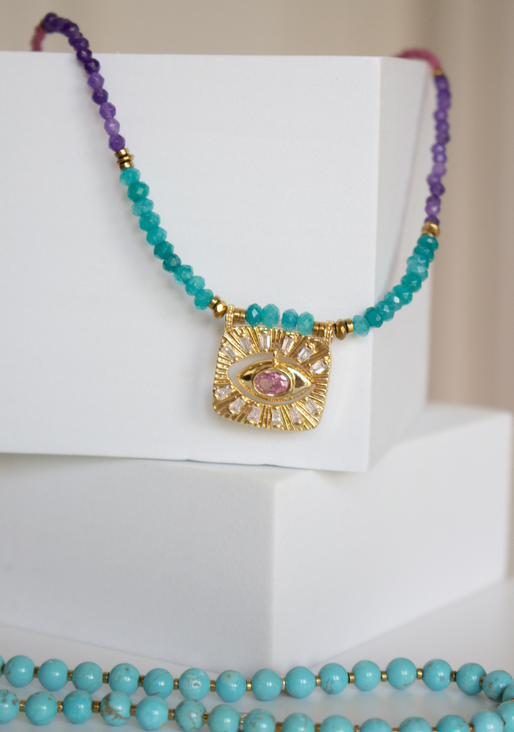 Pink, Purple, Blue Rondelle Necklace with Eye Pendant