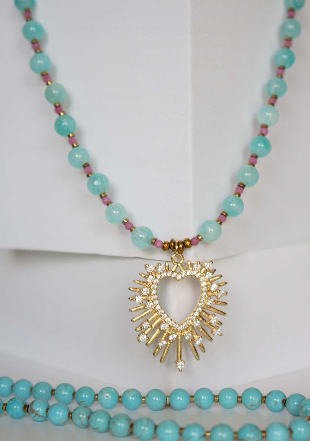 Blue Sphere Necklace with Heart Pendant
