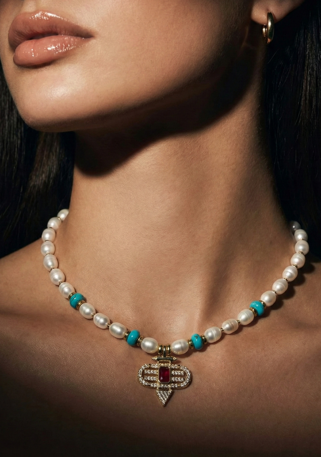 Freshwater Pearls with Turquoise and Aztec Charm Necklace