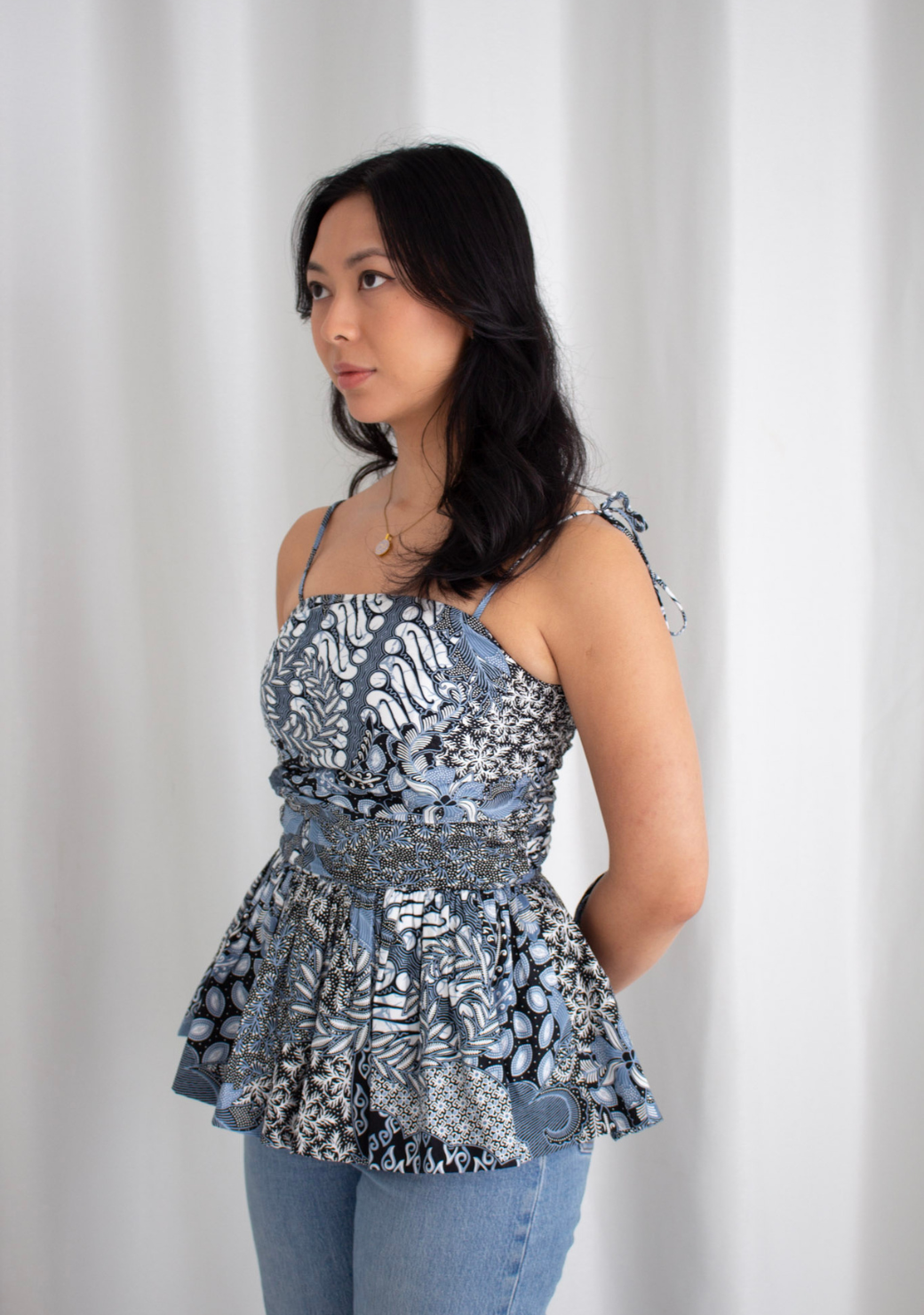 Blue Batik Draped Peplum Top