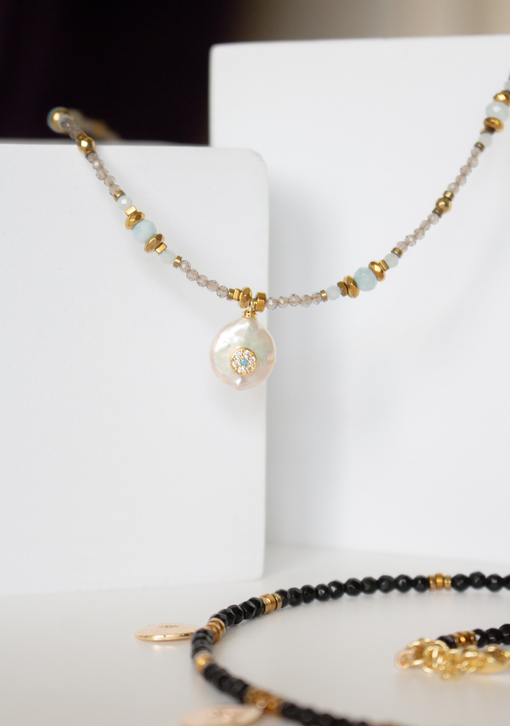 Smoky Quartz Keira Necklace with Fresh Water Pearl