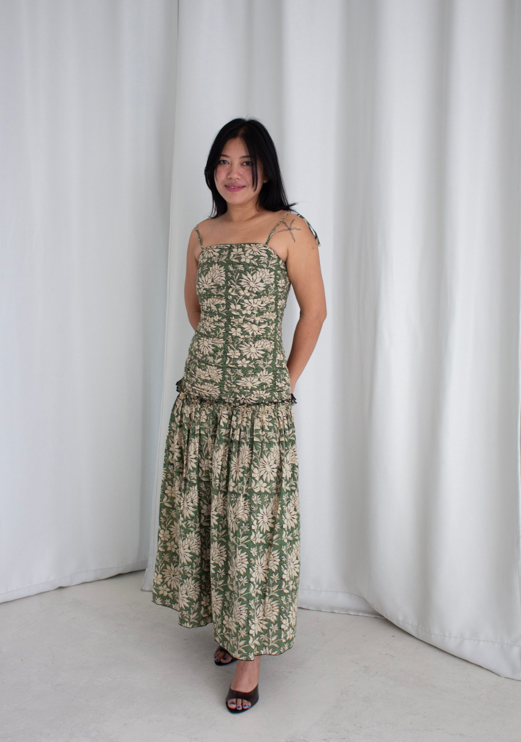 Leela Pleated Midi Dress with Tie Straps in Green Block Print