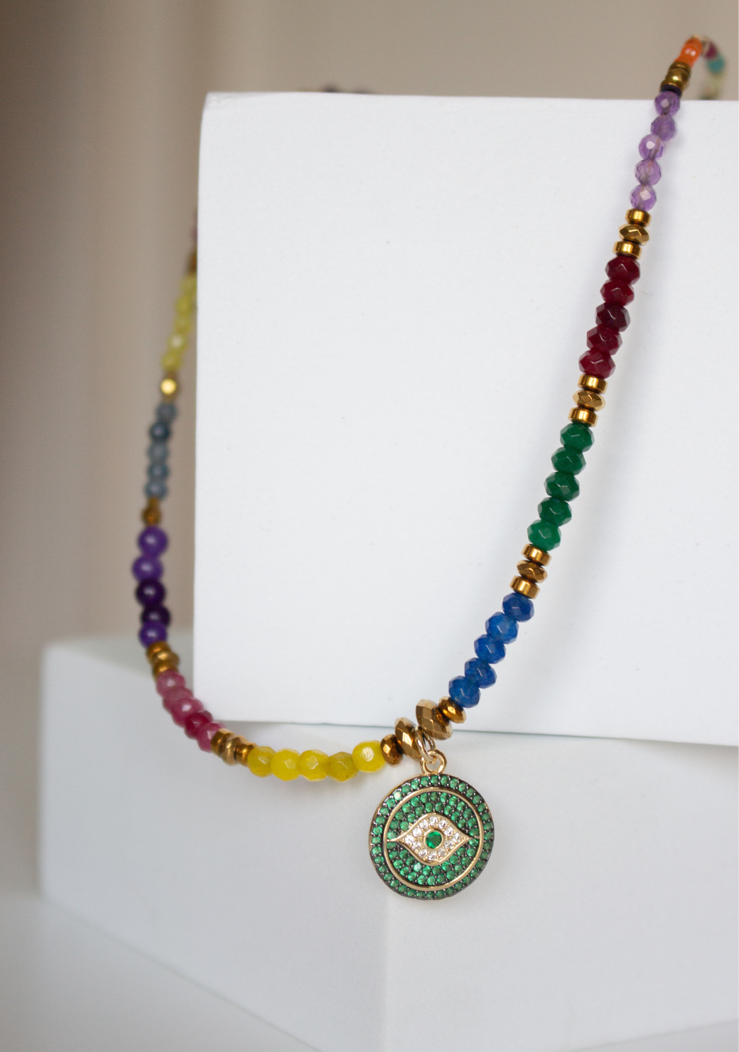 Rainbow Keira Necklace with Green Pave Eye Disc
