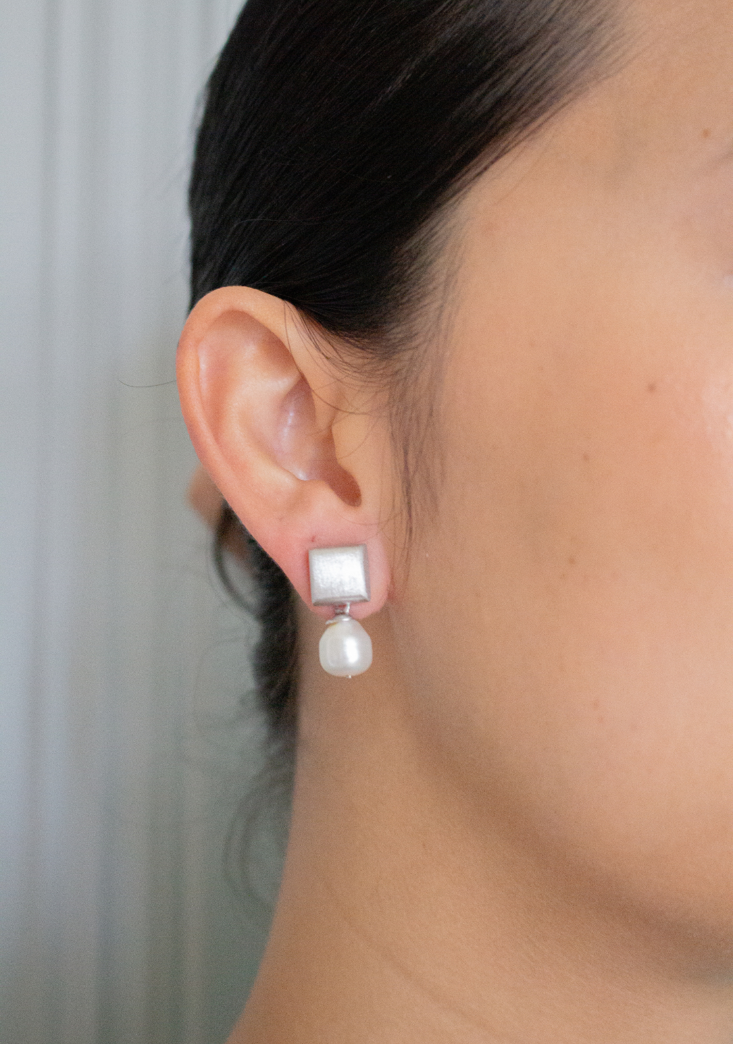 Small White Egg Pearl Drops on Square Studs