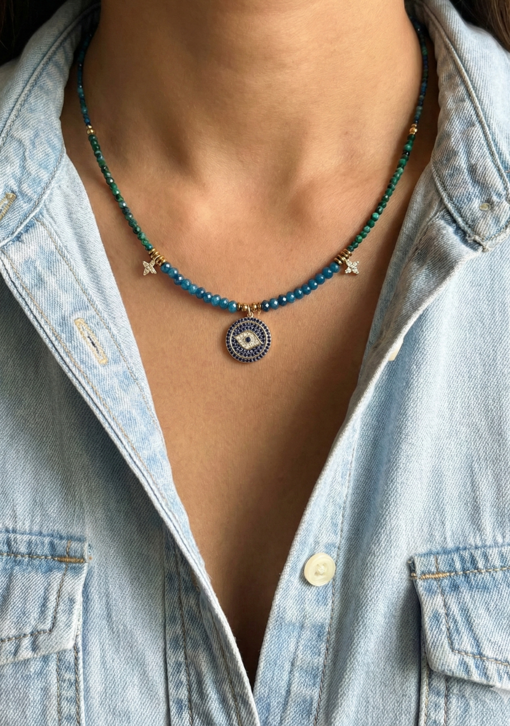 Mixed Stones with Triple Charms Necklace