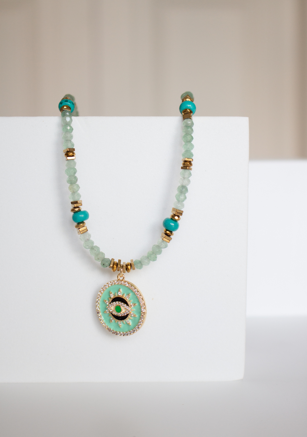 Green Rondelle Necklace with Pave Eye Pendant