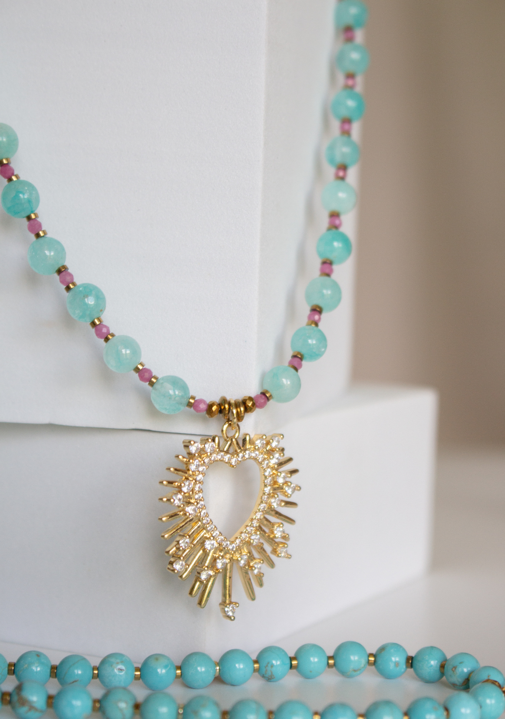 Blue Sphere Necklace with Heart Pendant