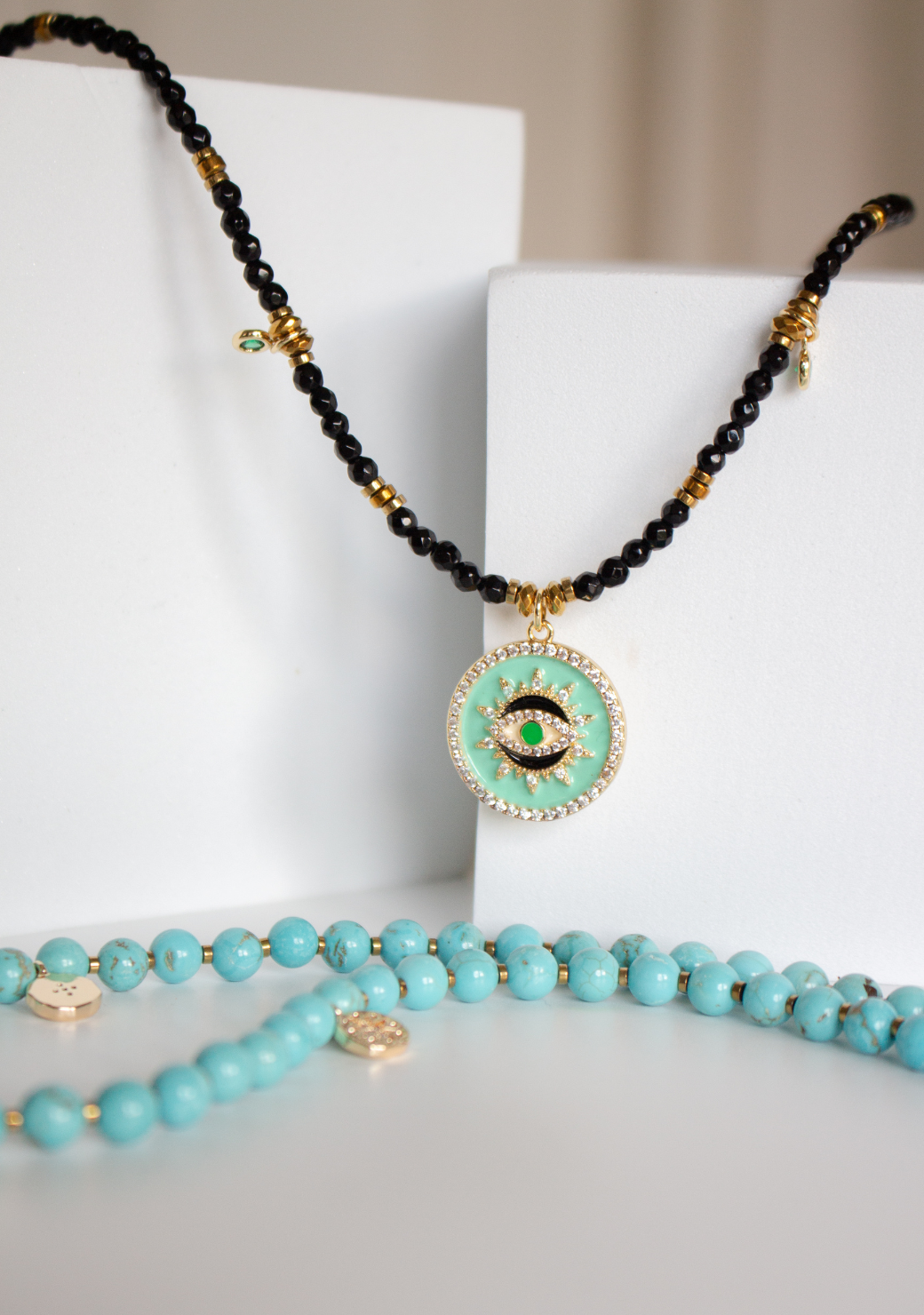 Green Tear Drop Rondelle Necklace with Pave Eye Pendant