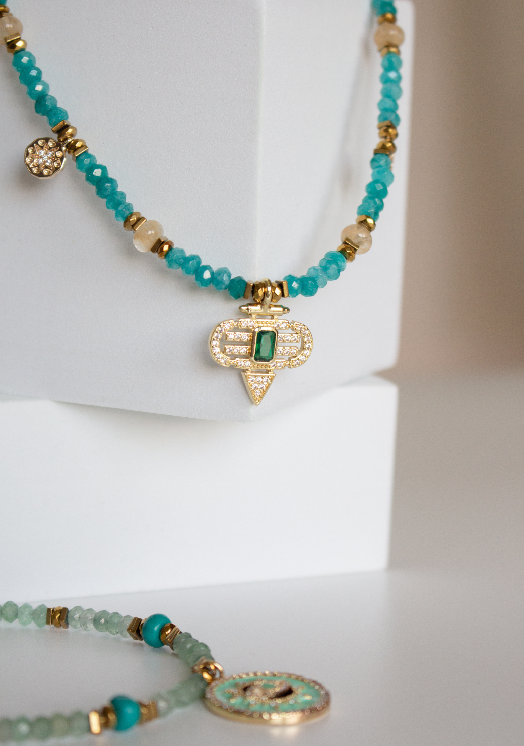 Turquoise Rondelle Necklace with Green Aztec Pendant