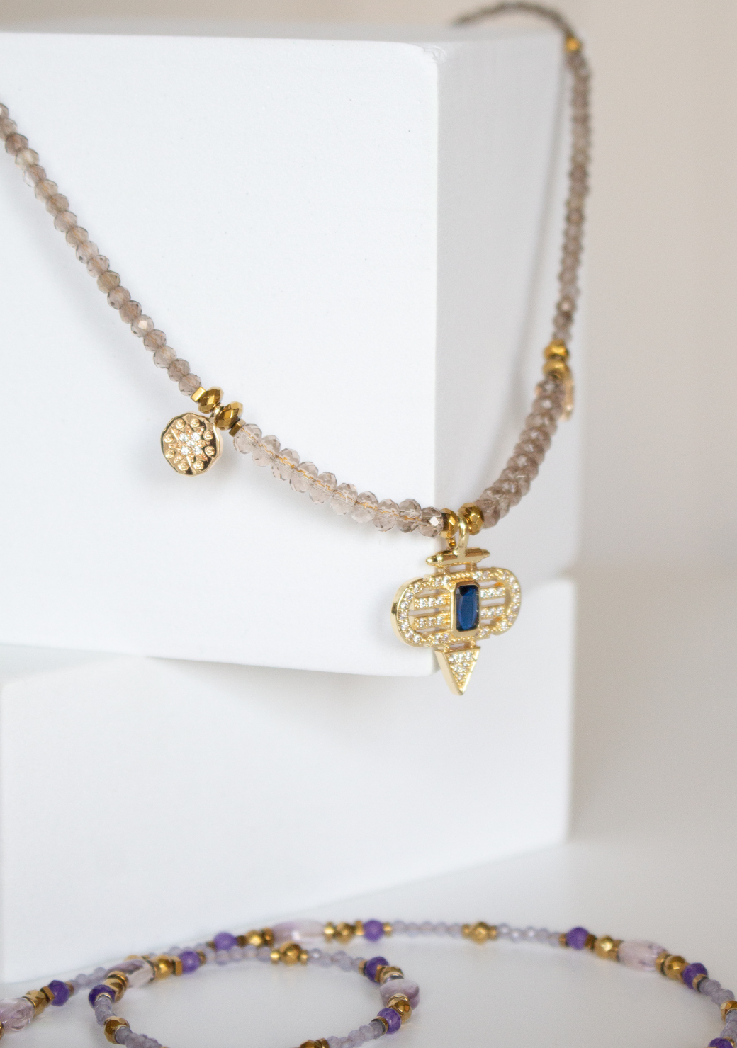 Smoky Quartz Keira Necklace with Aztec Pendant