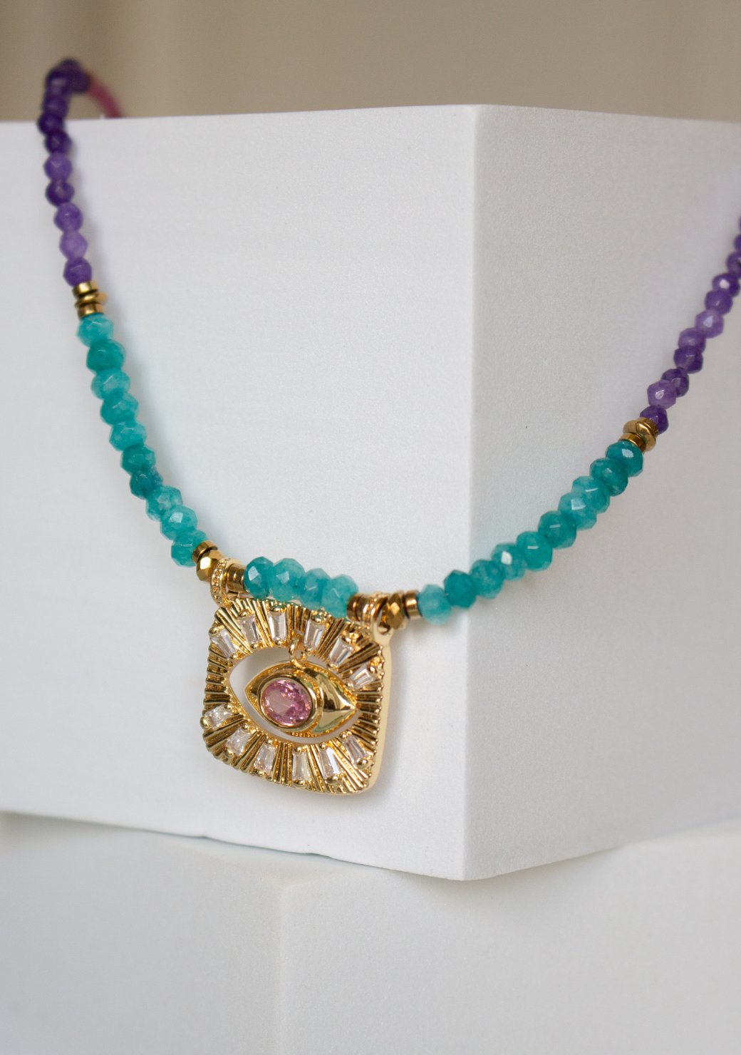 Pink, Purple, Blue Rondelle Necklace with Eye Pendant