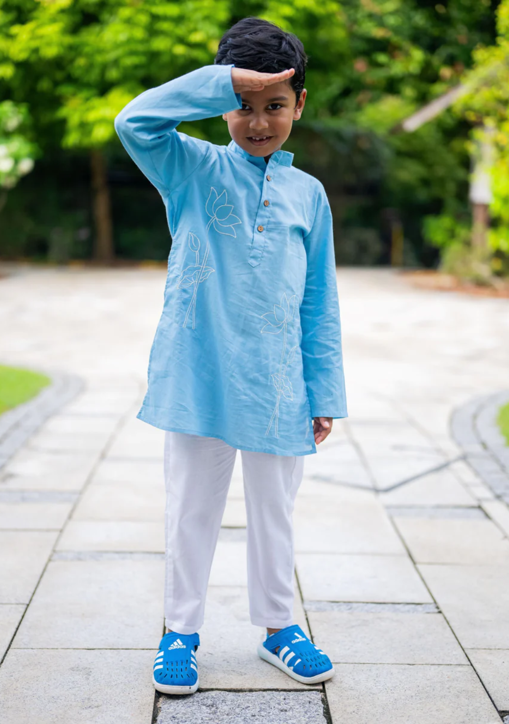 Embroidered Lotus Blue Kurta Pajama Set for Kids
