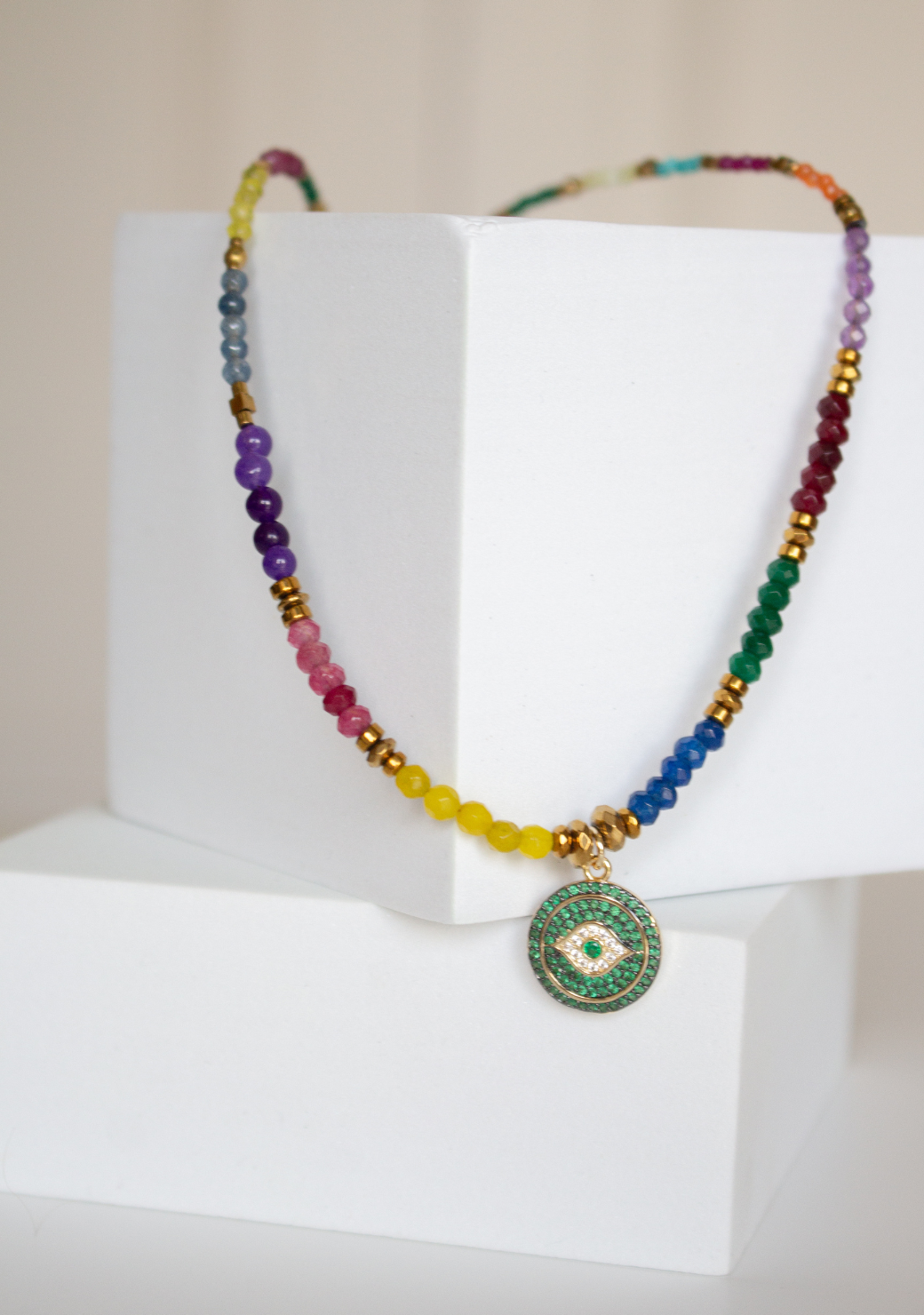 Rainbow Keira Necklace with Green Pave Eye Disc