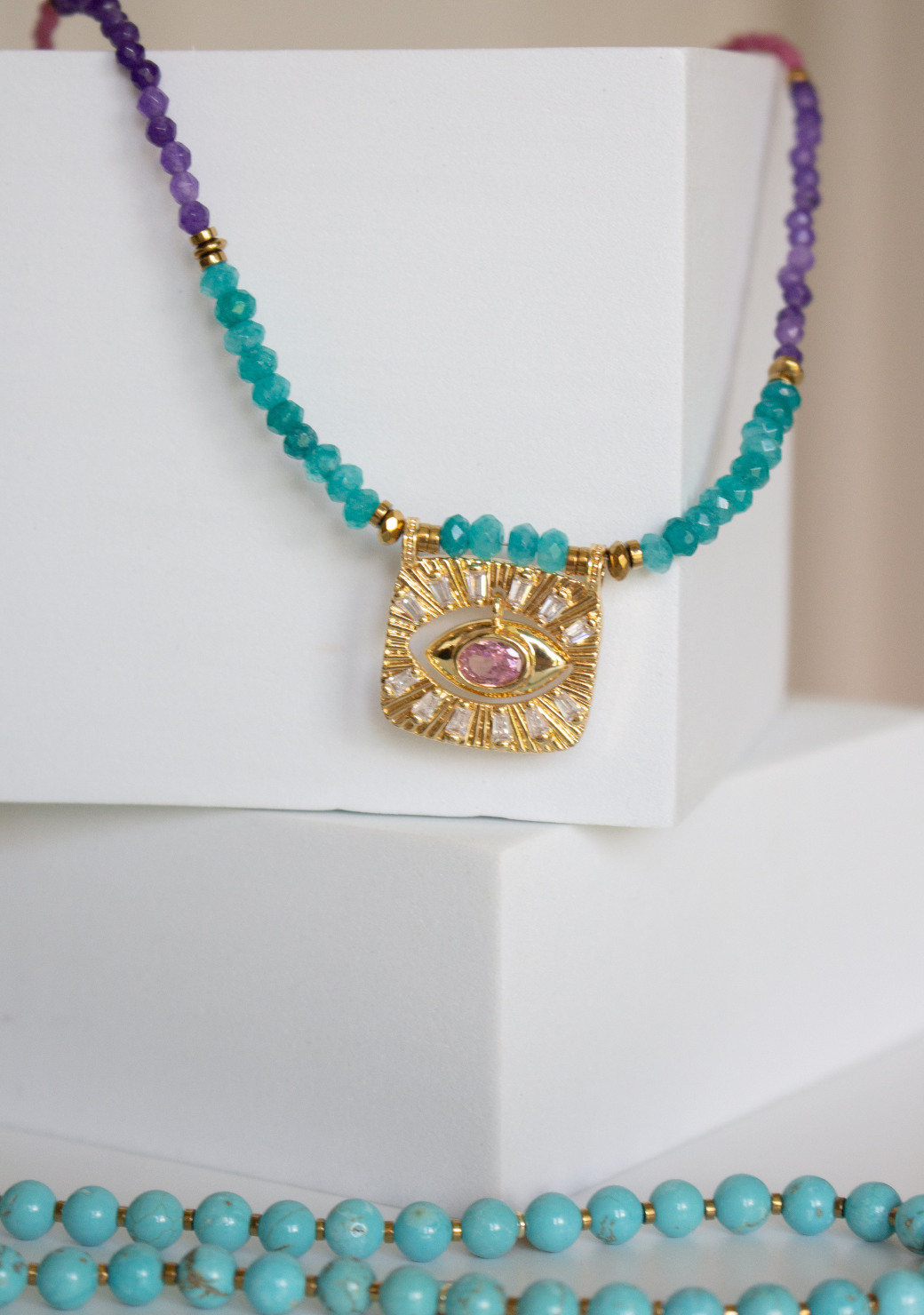 Pink, Purple, Blue Rondelle Necklace with Eye Pendant