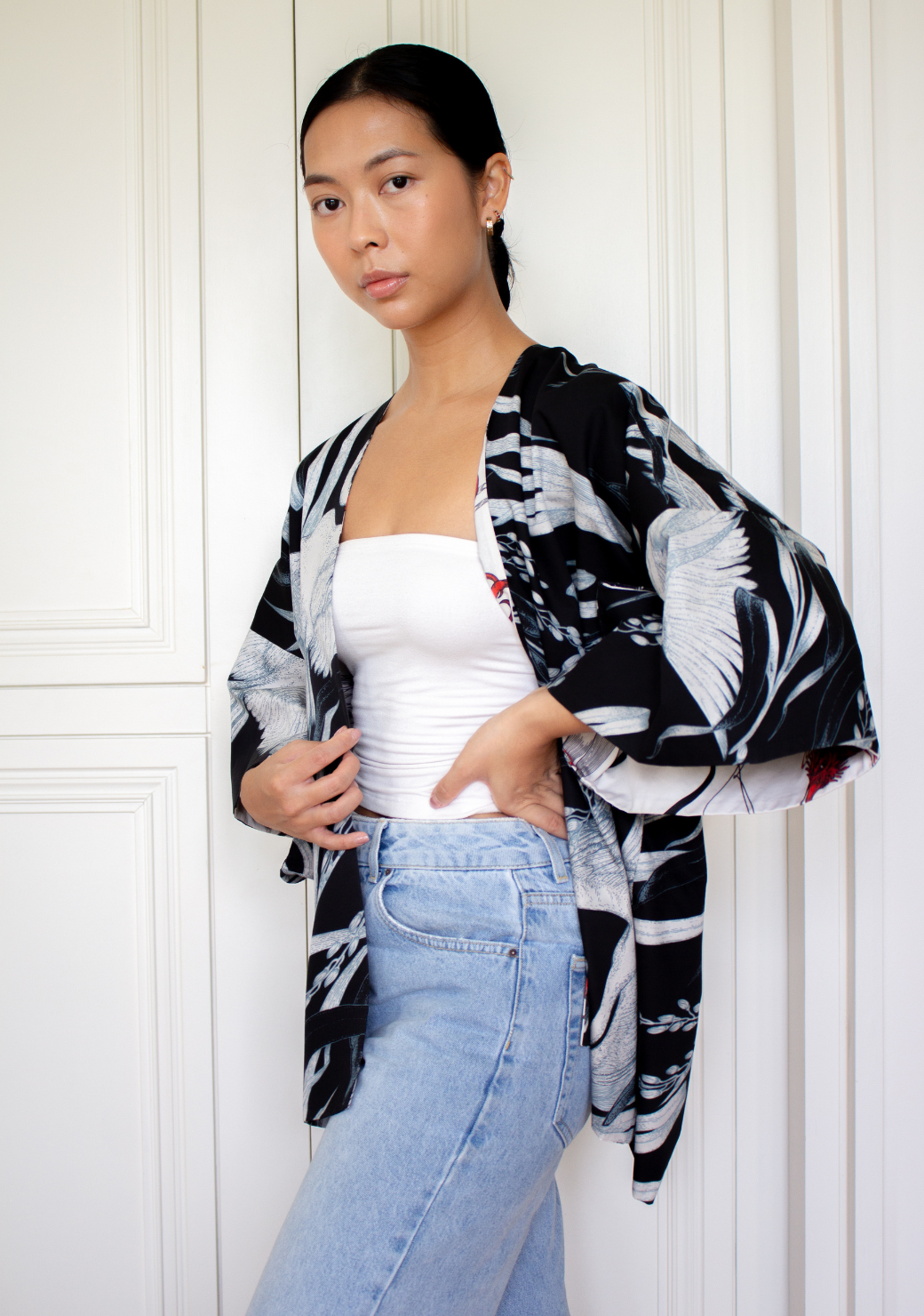 Reversible Short Cotton Kimono Jacket in Egrets & Sabong