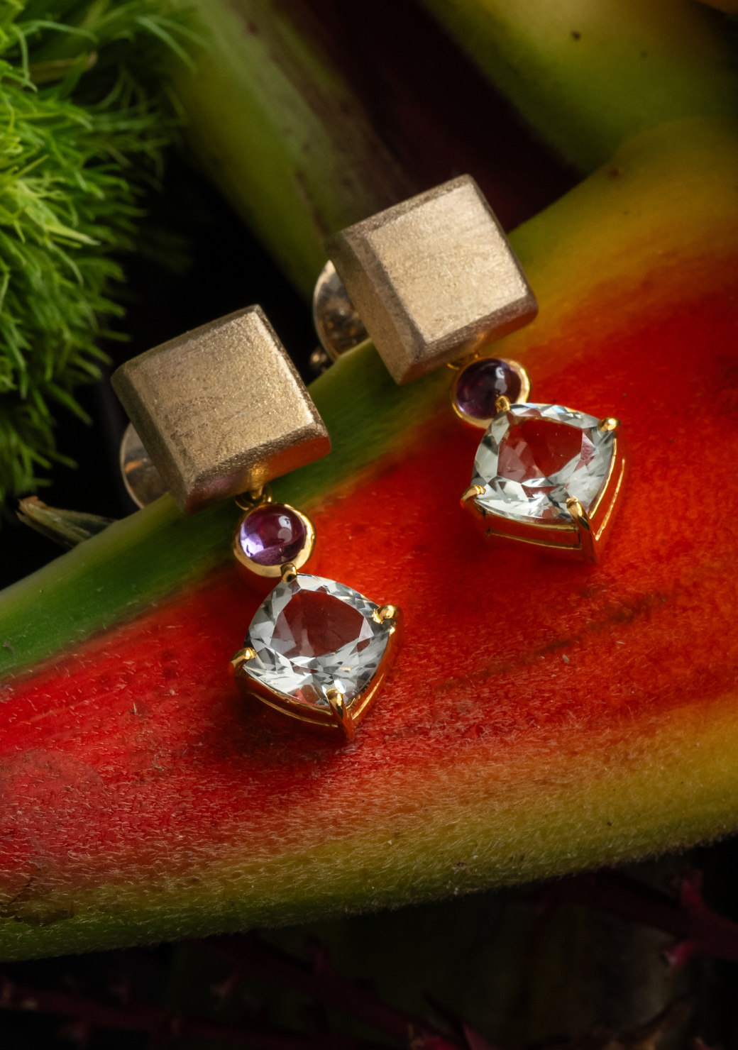 Amethyst & Priasolite Drops on Square Studs