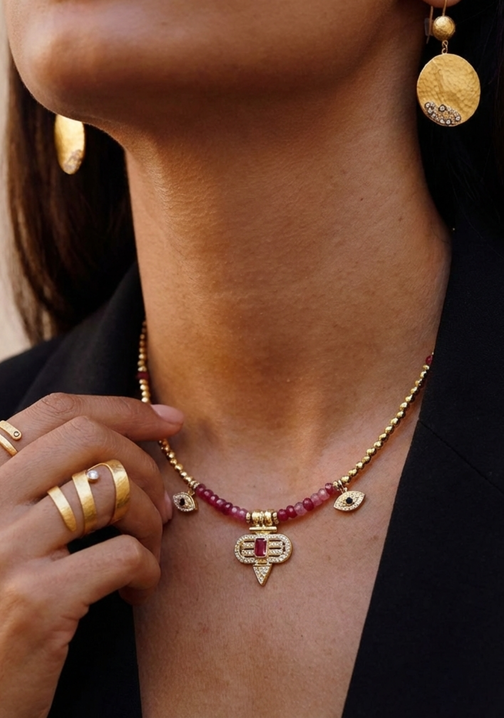 Gold Hematite with Pink Aztec Triple Charm Necklace