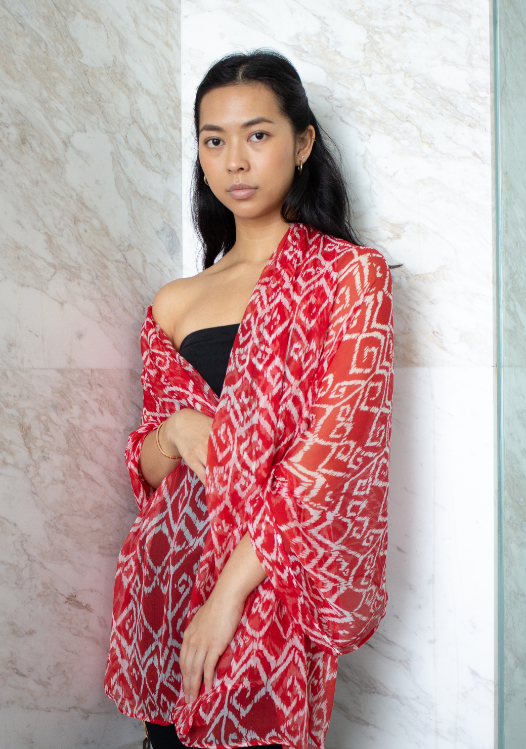 Pua Crinkled Chiffon Shawl in Red