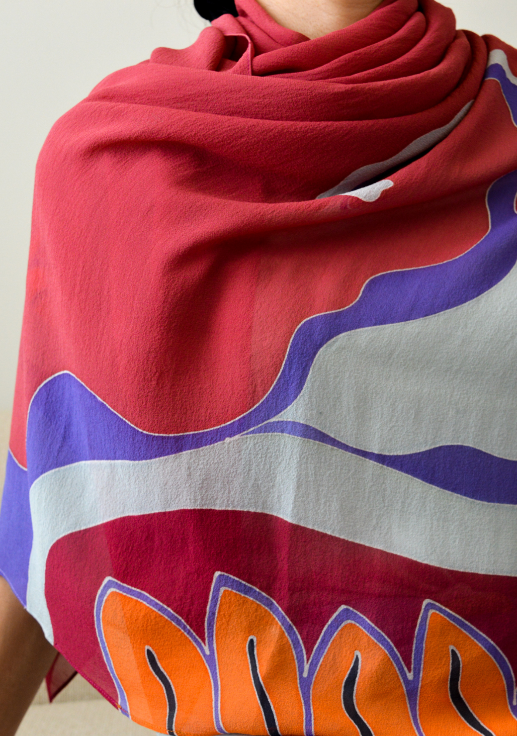 Batik Chiffon Silk Shawl in Maroon