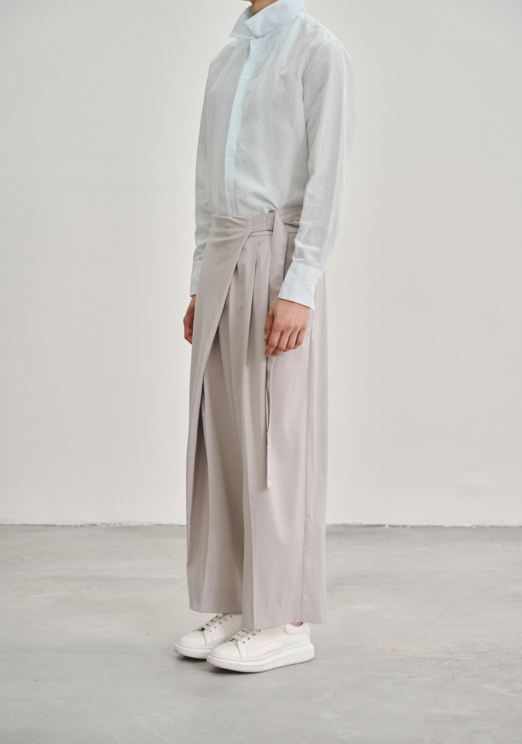 Wrap Pleated Trousers with Adjustable Belt Buckle