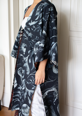 Reversible Long Cotton Kimono Robe in Sea Life in Navy & Nautilus