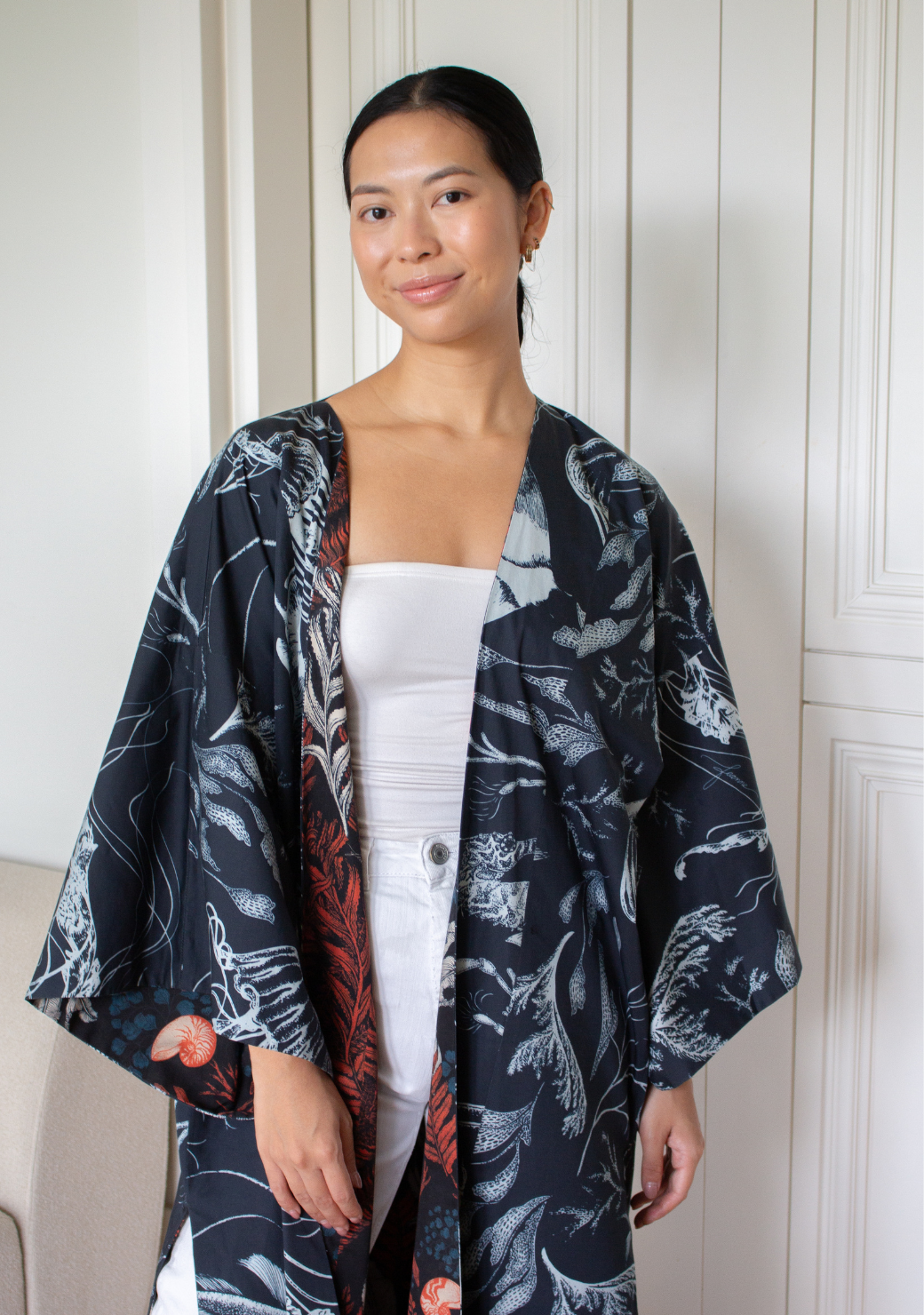 Reversible Long Cotton Kimono Robe in Sea Life in Navy & Nautilus