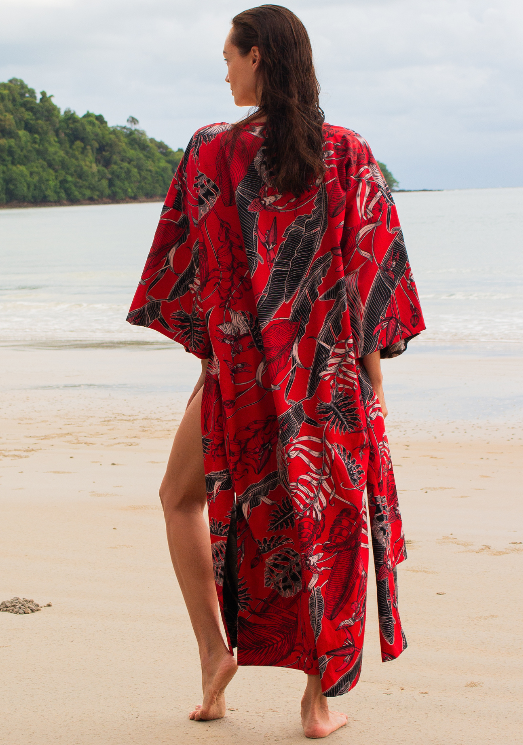 Reversible Long Cotton Kimono Robe in Tropical Foliage in Red & Black