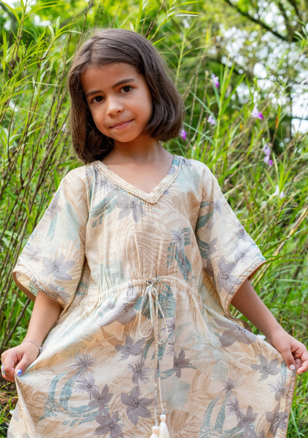 Arya Girls' Long Kaftan Dress in Metallic Blue