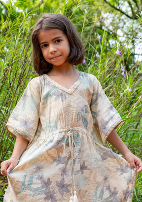 Arya Girls' Long Kaftan Dress in Metallic Blue