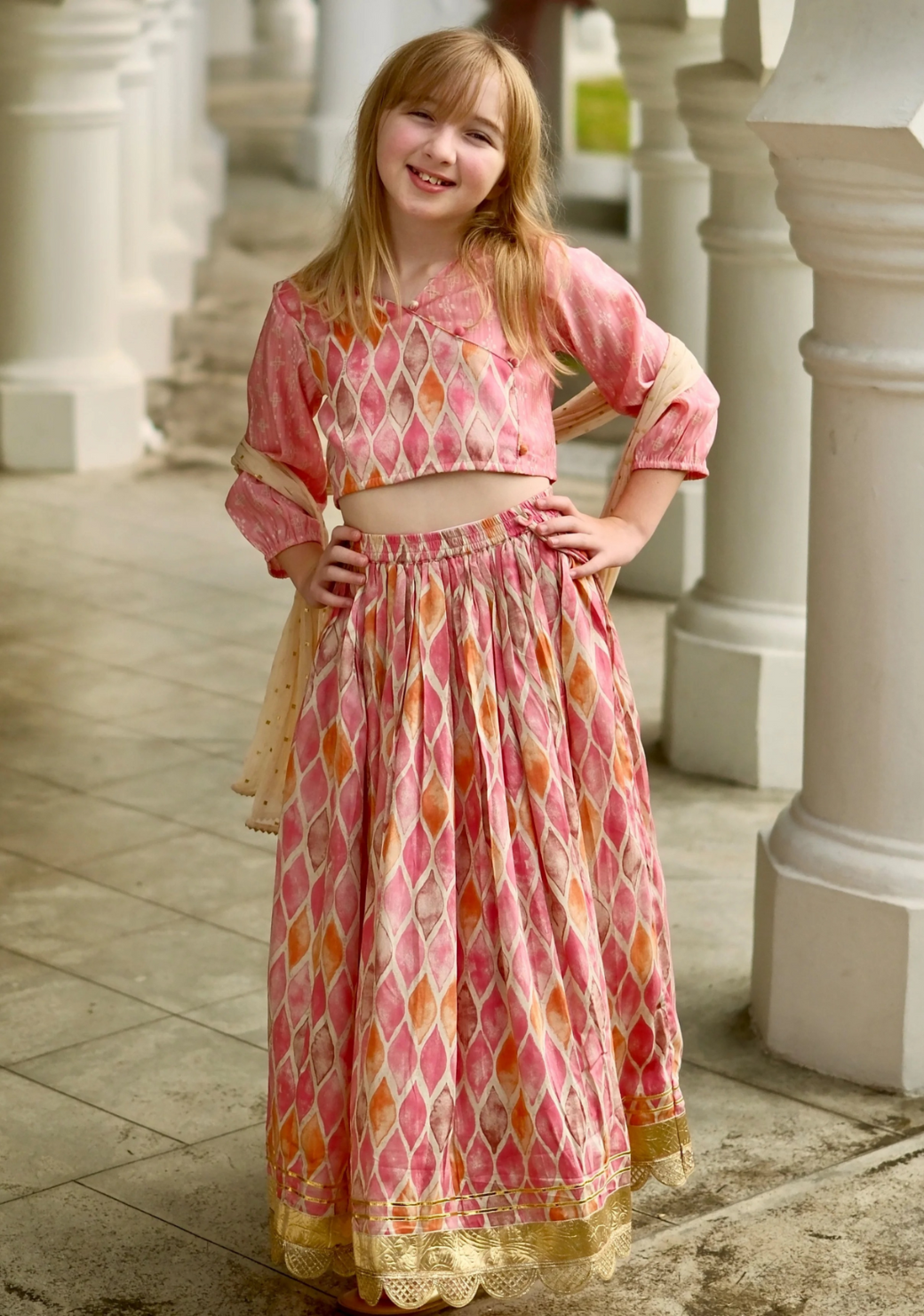 Rooh Pink Girls Lehenga Choli Set with Dupatta in Muslin Cotton