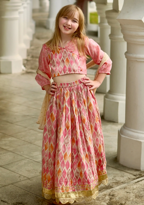 Rooh Pink Girls Lehenga Choli Set with Dupatta in Muslin Cotton