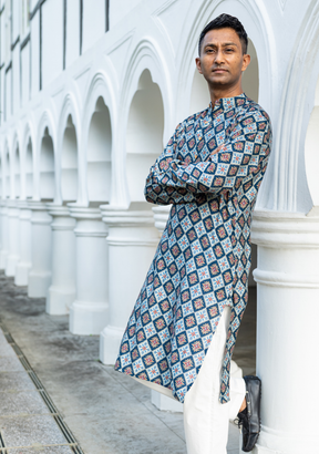 Tara Blue Mens Kurta Pajama Jacket Set in Muslin Cotton