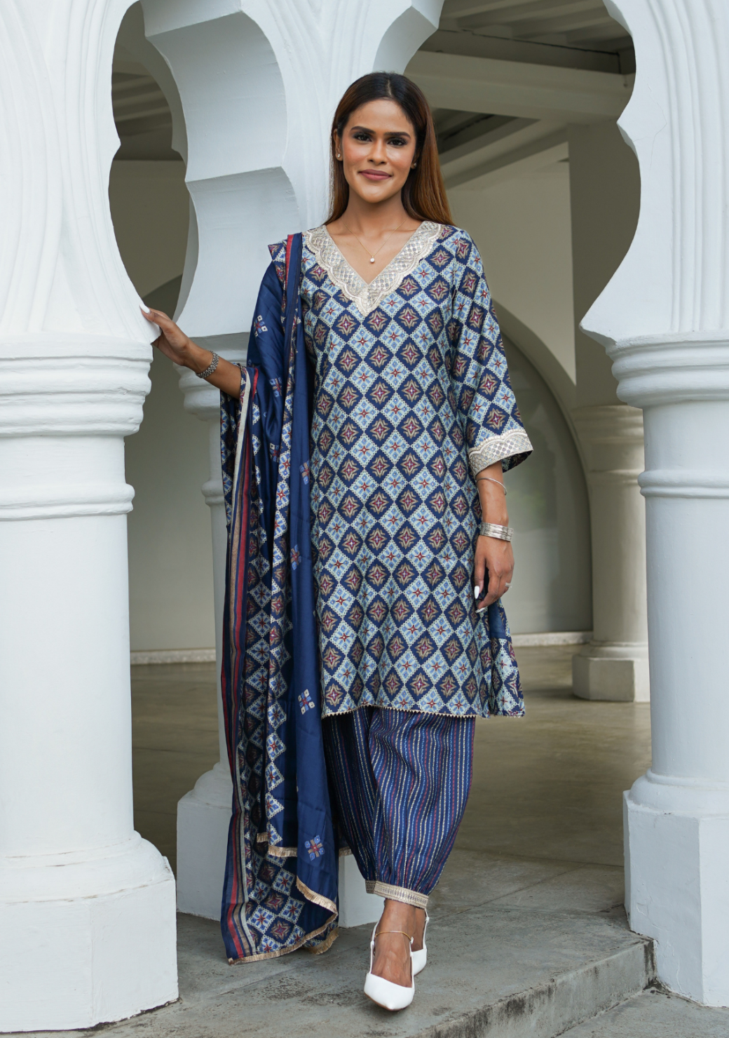 Tara Blue Womens Choga Style Kurti & Salwar Set in Muslin Cotton