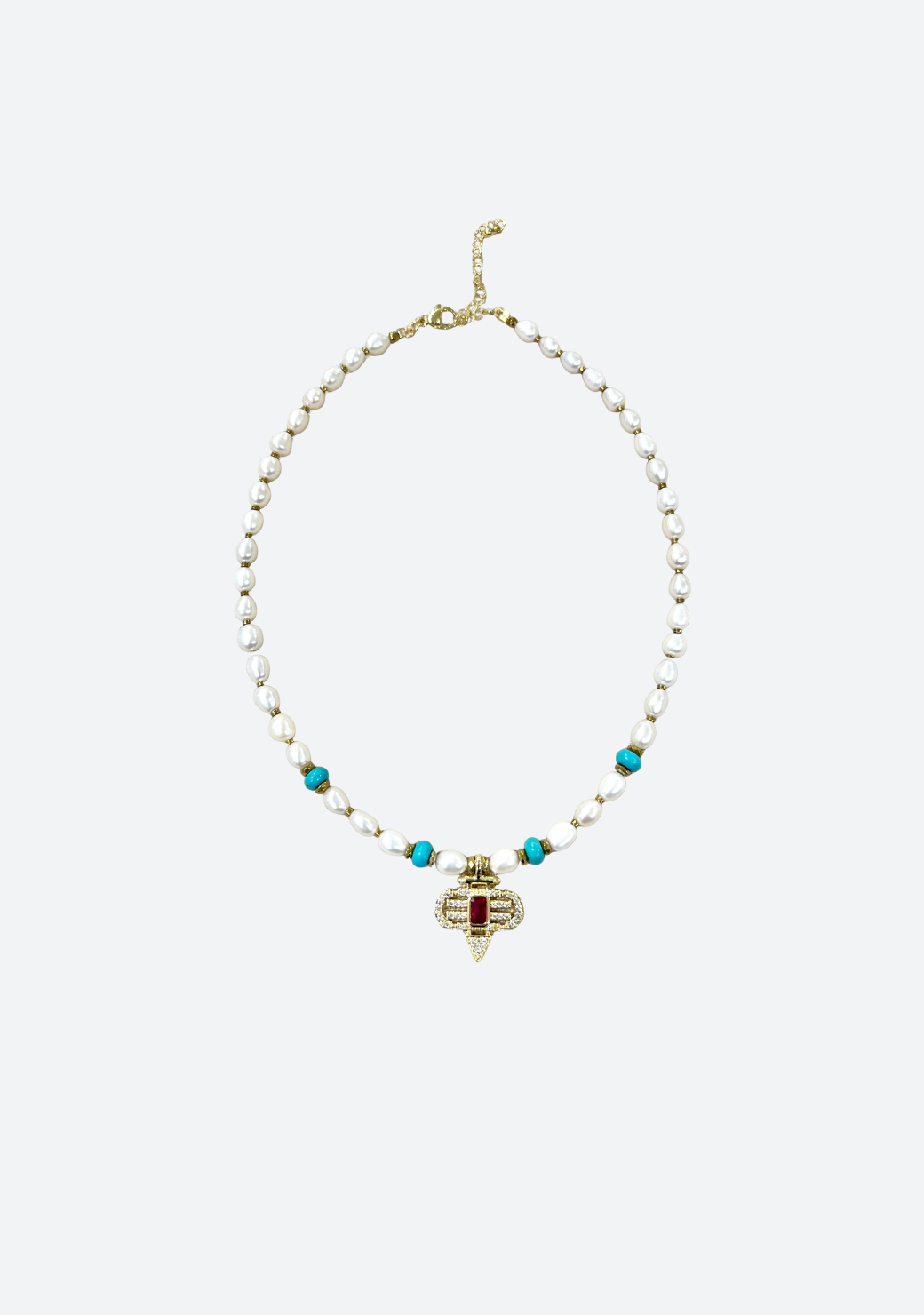 Freshwater Pearls with Turquoise and Aztec Charm Necklace