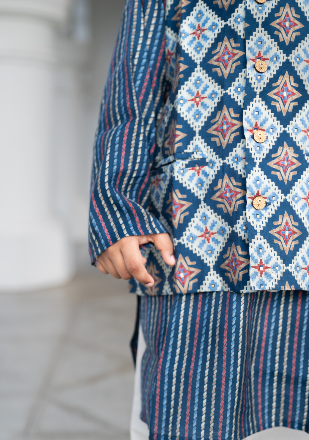 Tara Blue Boys Kurta Pajama Jacket in Muslin Cotton
