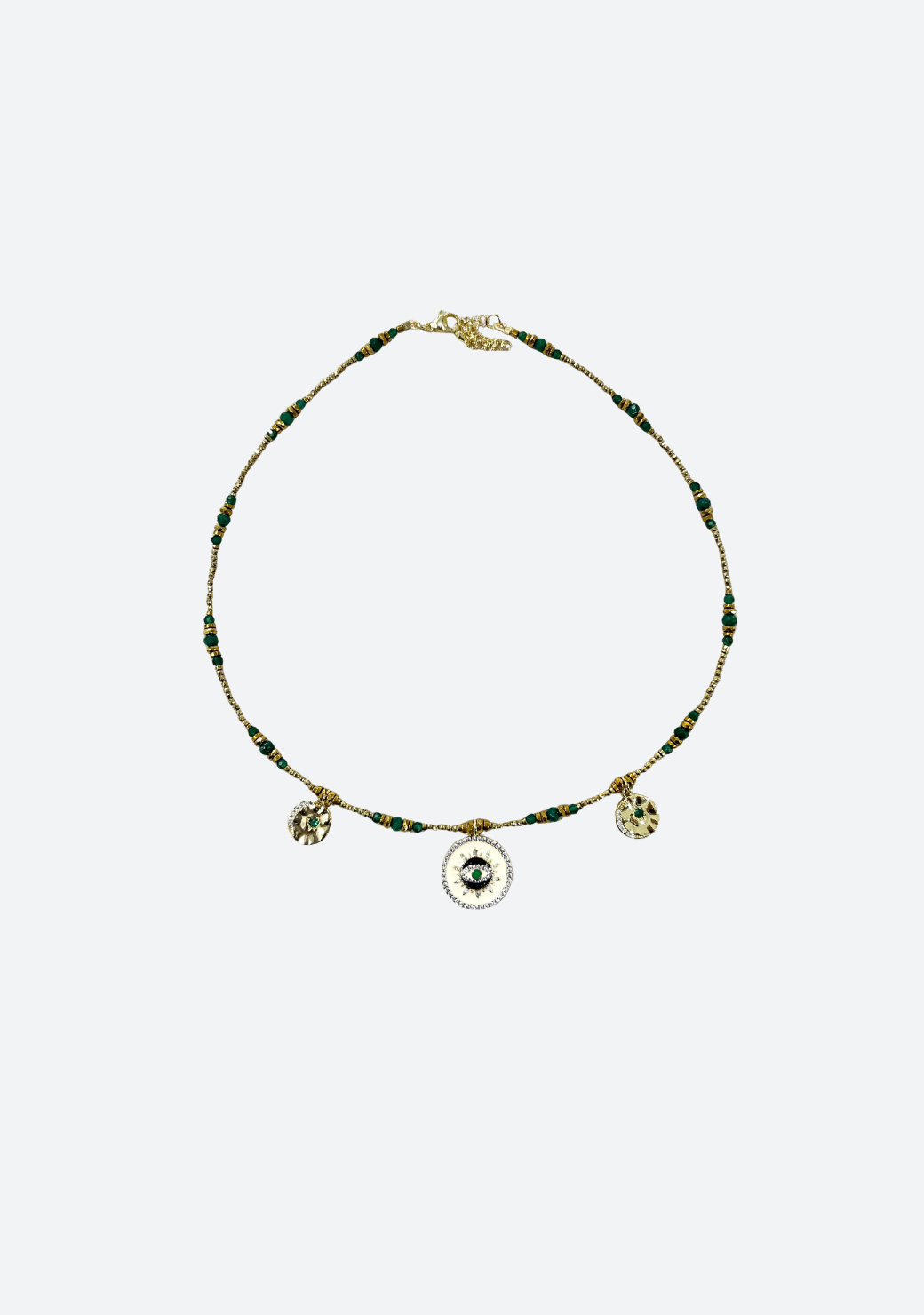 Gold Hematite and Green Agate with Triple Charm Necklace