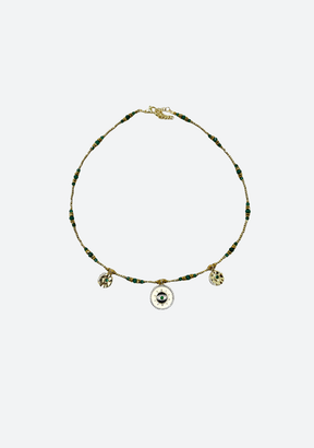 Gold Hematite and Green Agate with Triple Charm Necklace