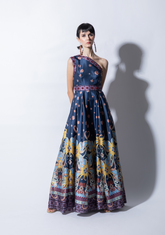 Tulur Asymetrical Dress with Paneled Skirt in Navy