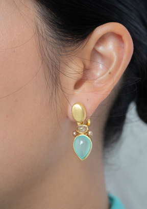 Rutilated Quartz, Champagne Pearls & Blue Chalcedony Earrings