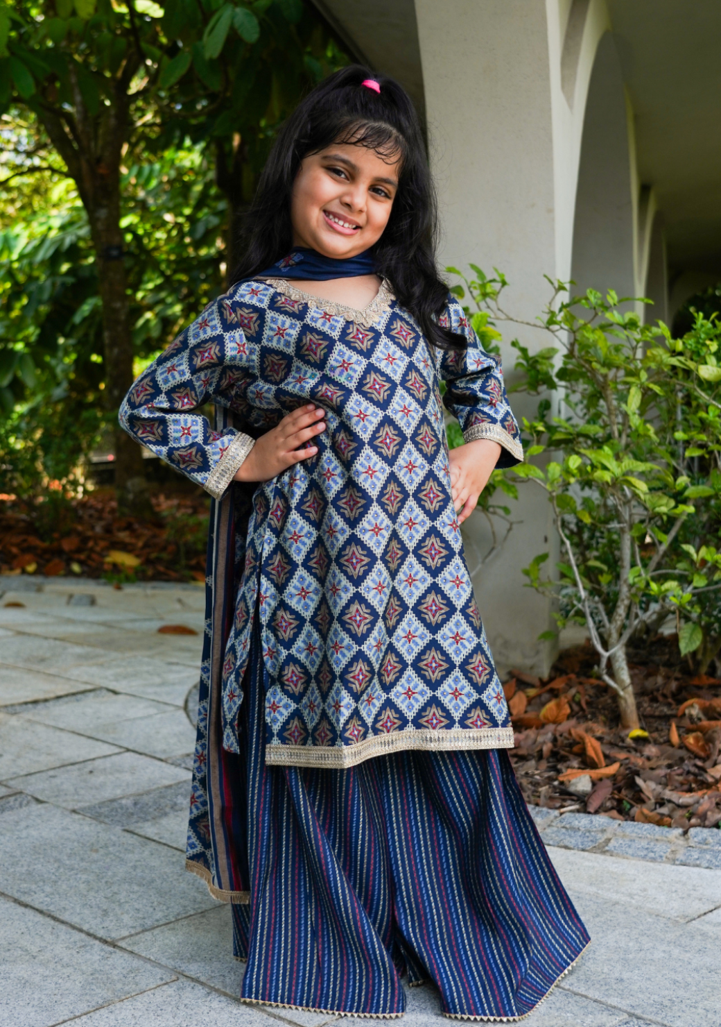 Tara Blue Girls Choga Style Kurta & Palazzo Set in Cotton