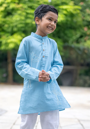 Embroidered Lotus Blue Kurta Pajama Set for Kids