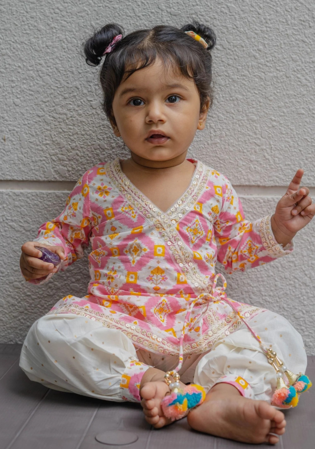 Pastel Pink Ikat Angarkha Kurti with Unicorn Colour Tassels